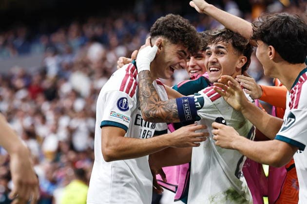 Fran Santamaria (Real), SEPTEMBER 19, 2026 - Football Soccer : Fran Santamaria celebrate with team players after his goal during UEFA and CONMEBOL 2026 Under-20 Intercontinental Cup match between Real Madrid CF Under-20 - CD Santiago Wanderers Under-20 at the Estadio Santiago Bernabeu in Madrid, Spain. Noxthirdxpartyxsales  aflo_349223741 MutsuxKawamorix