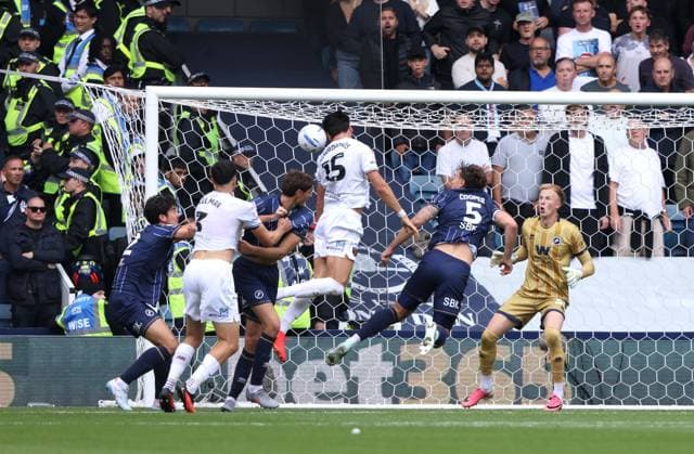 Konstantinos Mavropanos (WHU) scores the second West Ham goal (2-2) at the Millwall v West Ham EFL Championship match at The New Den. Millwall v West Ham United, EFL Sky Bet Championship, Football, The Den, London, UK - 19 Sep 2026London The Den United Kingdom EDITORIAL USE ONLY No use with unauthorised audio, video, data, fixture lists, club league logos or live services. Online in-match use limited to 120 images, no video emulation. No use in betting, games or single club league player publications. Paul M Copyright: xPaulxMarriott Shutterstockx 17158320ap