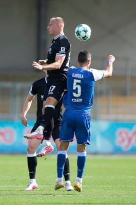 September 19, 2026, Dietmar Hopp Stadium, Hoffenheim, GER, 3rd Division, Matchday 7: TSG 1899 Hoffenheim II vs. SV Meppen, Header by Jannic Ehlers (SV Meppen 17) vs. Klaus Gjasula (Hoffenheim II 5). DFL regulations prohibit any use of photographs as image sequences and or quasi-video. Hoffenheim, Baden-Württemberg, Dietmar Hopp Stadium