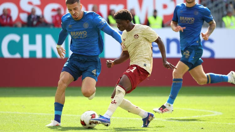 September 19, 2026, xrekx, Soccer 2. Bundesliga, 1 FC Kaiserslautern vs. Eintracht Braunschweig, from left: Andi Hoti (Eintracht Braunschweig), Ibrahim Kanate (1 FC Kaiserslautern). DFL and DFB regulations prohibit any use of photographs as image sequences and or quasi-video. Kaiserslautern