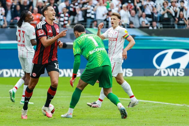 Soccer, Bundesliga 1: Eintracht Frankfurt vs. SC Freiburg on September 19, 2026, at Deutsche Bank Park in Frankfurt. Cheers, goal celebrations, goal scorers; goal scorer Younes Ebnoutalib (Frankfurt, No. 11) celebrates after scoring the 1-0 goal. MH