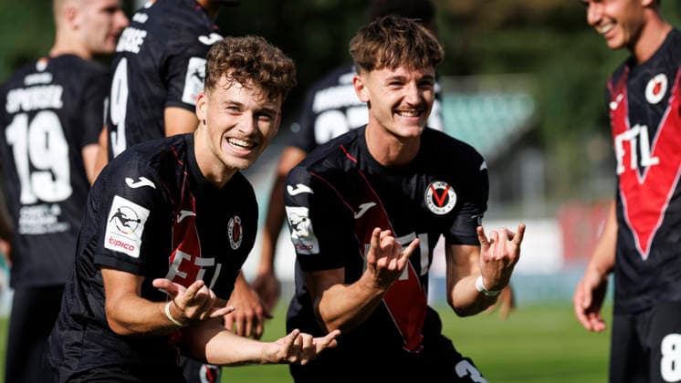 KOELN, GERMANY - SEPTEMBER 19, 2026: Lucas Wolf (Viktoria Köln, 21) celebrates his goal—making it 3–0 together with his teammate Alexander Prokopenko (Viktoria Köln, 30) during the 3rd division match on gameday 7 between Viktoria Koeln vs. FC Ingolstadt at the Sportpark Hoehenberg on September 19, 2026 in Koeln, Germany. DFL REGULATIONS PROHIBIT ANY USE OF PHOTOGRAPHS AS IMAGE SEQUENCES AND OR QUASI-VIDEO. Nordrhein-Westfalen Germany Copyright: xAxelxKohringx