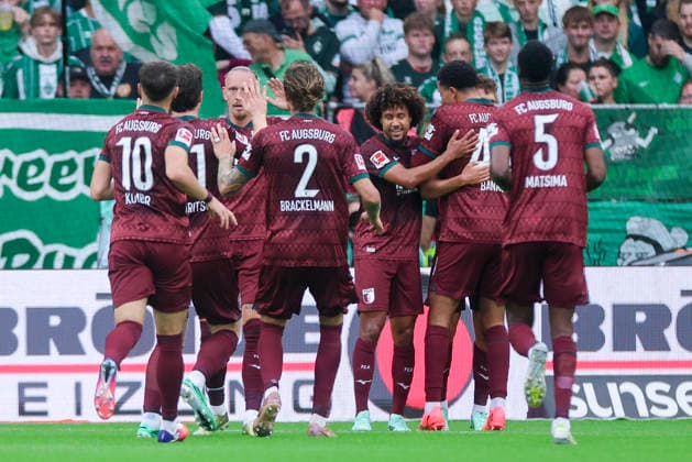 Robin Fellhauer of FC Augsburg celebrates his goal with his teammates during the Bundesliga match between SV Werder Bremen and FC Augsburg at Weserstadion on September 19, 2026, in Bremen, Germany. Photo by Marco Steinbrenner, DeFodi Images. Robin Fellhauer of FC Augsburg celebrates his goal with teammates during the Bundesliga match between SV Werder Bremen and FC Augsburg at Weserstadion on September 19, 2026 in Bremen, Germany. Photo by Marco Steinbrenner, DeFodi Images. DFB and DFL regulations prohibit any use of photographs as image sequences and or quasi-video. Photo by Marco Steinbrenner, DeFodi Images.