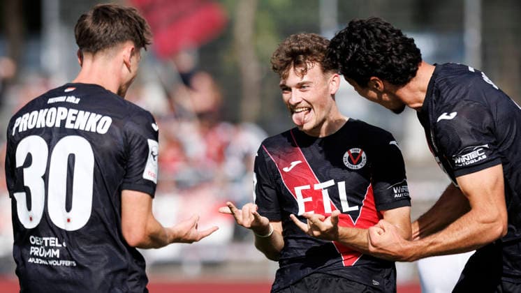 KOELN, GERMANY - SEPTEMBER 19, 2026: Lucas Wolf (Viktoria Köln, 21) celebrates his goal—making it 3–0 together with his teammate Alexander Prokopenko (Viktoria Köln, 30) and Jakob Sachse (Viktoria Köln, 9) during the 3rd division match on gameday 7 between Viktoria Koeln vs. FC Ingolstadt at the Sportpark Hoehenberg on September 19, 2026 in Koeln, Germany. DFL REGULATIONS PROHIBIT ANY USE OF PHOTOGRAPHS AS IMAGE SEQUENCES AND OR QUASI-VIDEO. Nordrhein-Westfalen Germany Copyright: xAxelxKohringx