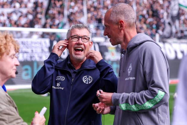 September 19, 2026, Soccer, Borussia Mönchengladbach 1 FSV Mainz 05, Bundesliga 1, Matchday 4, Ista Borussia Park, 2026–27 season; Head Coach Urs Fischer (1 FSV Mainz 05) alongside Interim Coach Jan Moritz Lichte (Borussia Mönchengladbach); DFB regulations prohibit any use of photographs as image sequences and or quasi-video; North Rhine-Westphalia, Germany