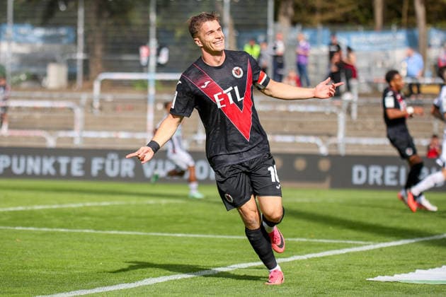 September 19, 2026, xsefx, Soccer, FC Viktoria Köln vs. FC Ingolstadt 04, 3. Liga, Sportpark Höhenberg, Matchday 7, 2026–2027 Season: Goal celebration after the 2–0 goal by scorer David Otto (FC Viktoria Köln 10) together with Lucas Wolf (FC Viktoria Köln 21). DFB regulations prohibit any use of photographs as image sequences and or quasi-video. North Rhine-Westphalia, Germany