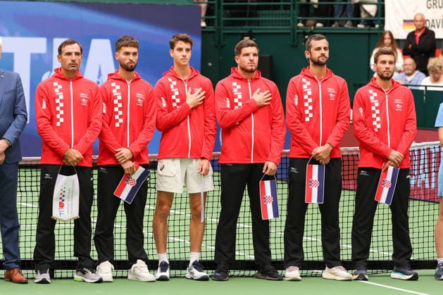 Team Croatia, from left to right: Captain Ivan Dodig, Dino Prizmic, Matej Dodig, Mili Poljicak, Mate Pavic,Nikola Mektic, Davis Cup: Germany vs. Croatia, Heristo Arena, Halle, Westphalia, Germany; Tennis Davis Cup 20026, Heristo Arena, Halle, North Rhine-Westphalia, Germany, September 19, 2026 Copyright: xJuergenxHasenkopfx