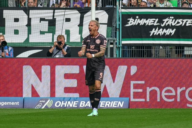September 19, 2026, GER, Soccer, Men s, Bundesliga, 1. Bundesliga, 2026–2027 Season, VfL Borussia Mönchengladbach vs. FSV Mainz 05; Phillip Tietz (M05) celebrates his goal, which tied the score at 1–1 Copyright: xSvenxHanischx