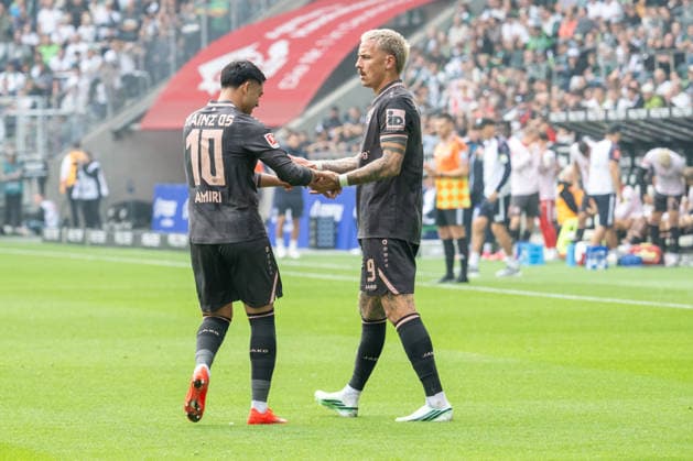 Nadiem Amiri (1) of FSV Mainz 05, 10, and Phillip Tietz (1) of FSV Mainz 05, 09, celebrate the goal that tied the game at 1–1 in the match between Borussia Mönchengladbach and FSV Mainz 05, soccer, Bundesliga 1, Matchday 4, 2026–2027 season, September 19, 2026. DFL and DFB regulations prohibit any use of photographs as image sequences and or quasi-videos. Borussia Mönchengladbach vs. 1. FSV Mainz 05, soccer, Bundesliga 1, Matchday 4, 2026–2027 season, September 19, 2026, Mönchengladbach Copyright: xEibner-Pressefoto ThomasxHaeslerx EP_THR