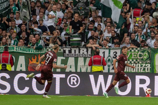 German Soccer Bundesliga 1, Matchday 4, 2026–2027, Werder Bremen vs. FC Augsburg on September 19, 2026, at the Weserstadion in Bremen; Robin Fellhauer of FC Augsburg scores the 0–1 goal; 19: Jubilation, joy, goal celebrations, emotions Copyright: xSvenxHeidmannx