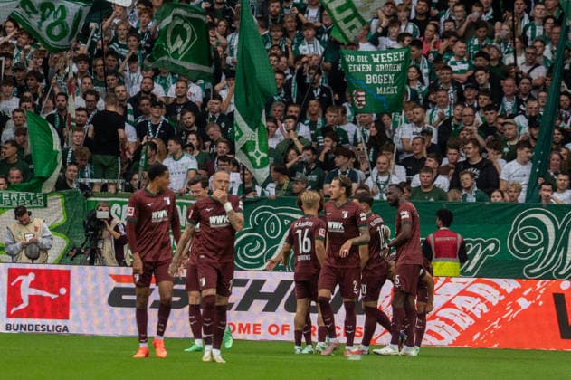 German Soccer 1st Bundesliga, Matchday 4, 2026–2027, Werder Bremen vs. FC Augsburg on September 19, 2026, at the Weserstadion in Bremen; Robin Fellhauer (FC Augsburg) scores the 0–1 goal; 19: Cheering, joy, goal celebration, emotions Copyright: xSvenxHeidmannx