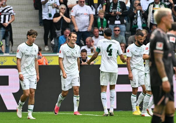 September 19, 2026, Mönchengladbach Soccer, Men s, 2026–2027 Season, Borussia Mönchengladbach vs. 1. FSV Mainz 05: Gladbach celebrates after scoring the 1–0 goal; 2nd from left: goal scorer Florian Neuhaus (Gladbach). DFL regulations prohibit any use of photographs as image sequences and or quasi-video content. Borussia Park, North Rhine-Westphalia, Germany
