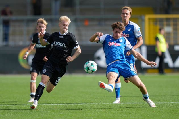 September 19, 2026, Dietmar Hopp Stadium, Hoffenheim, GER, 3rd Division, Matchday 7: TSG 1899 Hoffenheim II vs. SV Meppen, Luca Prasse SV Meppen 31 vs. Lars Strobl Hoffenheim II 4 DFL REGULATIONS PROHIBIT ANY USE OF PHOTOGRAPHS AS IMAGE SEQUENCES AND OR QUASI-VIDEO Hoffenheim, Baden-Württemberg, Dietmar Hopp Stadium