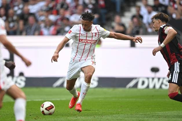 Soccer, Bundesliga 1, Matchday 4: Eintracht Frankfurt vs. SC Freiburg on September 19, 2026, at Deutsche Bank Park in Frankfurt. Derry Scherhant of Freiburg scores the 1-1 goal. DFL regulations prohibit any use of photographs as image sequences and or quasi-video. xJKx