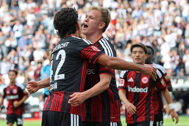 Frankfurt, Germany, September 19, 2026, Bundesliga 2026–2027, Matchday 4: Eintracht Frankfurt vs. SC Freiburg. Pictured: Goal scorer Jonathan Burkardt. Frankfurt celebrates his goal, making the score 2–1. DFL and DFB regulations prohibit any use of photographs as image sequences and or quasi-video. Deutsche Bank Park, Hesse Copyright: xFotostandx xRacochax