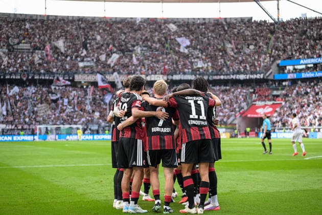 Soccer, Bundesliga 1, 20260919, SG Eintracht Frankfurt vs. SC Freiburg. Pictured: 2-1. Goal celebration by Frankfurt. Deutsche Bank Park, Hesse, Germany Copyright: Passion2Press MarkusxFischerx