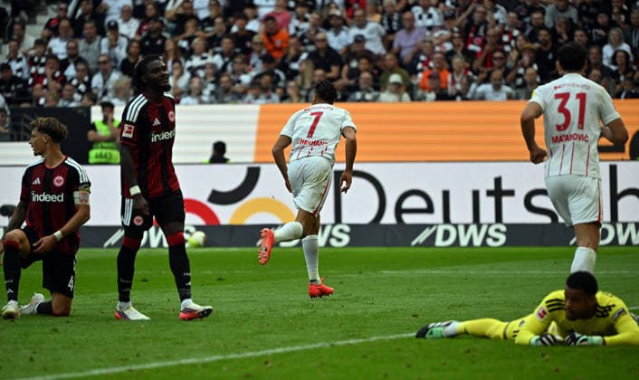 September 19, 2026, xjhx, Soccer, Bundesliga 1, Eintracht Frankfurt vs. SC Freiburg, Derry Scherhant, SC Freiburg celebrates the goal, The goal celebration following the 1–1 draw. DFL and DFB regulations prohibit any use of photographs as image sequences and or quasi-video. Frankfurt am Main