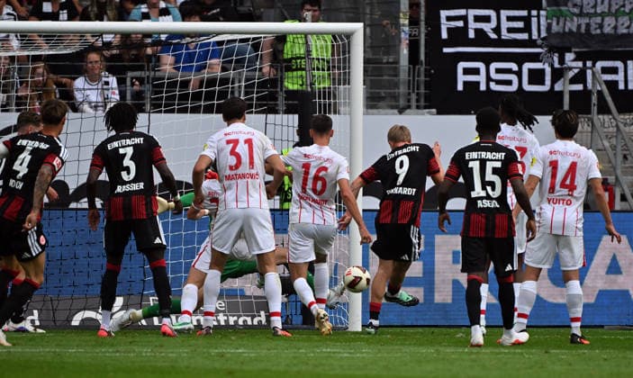 September 19, 2026, xjhx, Soccer, Bundesliga 1, Eintracht Frankfurt vs. SC Freiburg – Jonathan Jonny Burkardt of Eintracht Frankfurt scores the goal to make it 2–1. DFL and DFB regulations prohibit any use of photographs as image sequences and or quasi-video. Frankfurt am Main