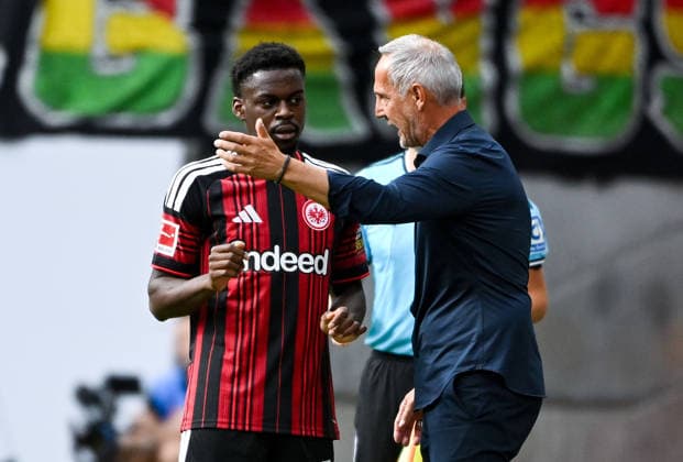September 19, 2026, xpsx, Soccer, Bundesliga 1, Eintracht Frankfurt vs. SC Freiburg, Noel Aseko (Eintracht Frankfurt), Coach Adolf Adi Hütter (Eintracht Frankfurt). DFL and DFB regulations prohibit any use of photographs as image sequences and or quasi-video. Eintracht Frankfurt