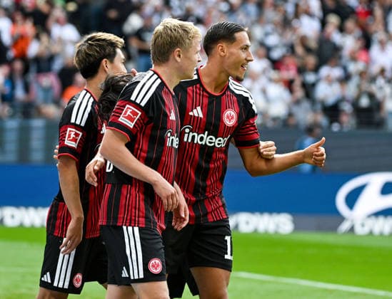 September 19, 2026, xpsx, Soccer, Bundesliga 1, Eintracht Frankfurt vs. SC Freiburg—celebrating the goal, goal celebration for the 1-0 goal scored by Younes Ebnoutalib of Eintracht Frankfurt, Jonathan Jonny Burkardt, Eintracht Frankfurt; DFL and DFB regulations prohibit any use of photographs as image sequences and or quasi-video—Eintracht Frankfurt