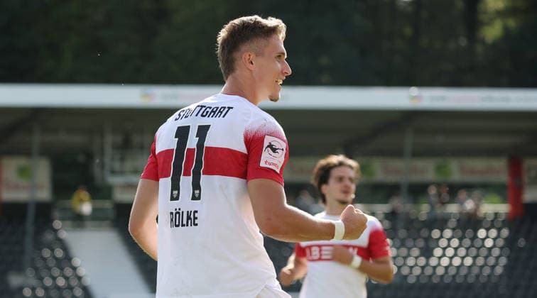 September 19, 2026, Germany, Aspach Soccer: VfB Stuttgart II vs. SSV Jahn Regensburg; Goal scorer Oliver Rölke of VfB II celebrates his goal to tie the game at 3–3