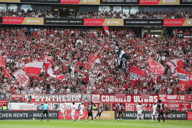 September 19, 2026 xmgoodx Frankfurt am Main, Deutsche Bank Park, Bundesliga Season 2026–2027, Eintracht Frankfurt vs. SC Freiburg, red and white in the away section with Freiburg fans. DFL and DFB regulations prohibit any use of photographs as image sequences and or quasi-video.