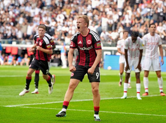 Jonathan Burkardt of Eintracht Frankfurt, 9, celebrates after scoring a goal (GER), Eintracht Frankfurt vs. SC Freiburg, Bundesliga 1, Matchday 4, 2026–27 Season, Deutsche Bank Park, Frankfurt, September 19, 2026. DFL regulations prohibit any use of photographs as image sequences and or quasi-video. Eintracht Frankfurt vs. SC Freiburg, Bundesliga 1, Matchday 4, 2026–27 season, September 19, 2026, Frankfurt am Main Copyright: xEibner-Pressefoto ScottxColemanx EP_SCN