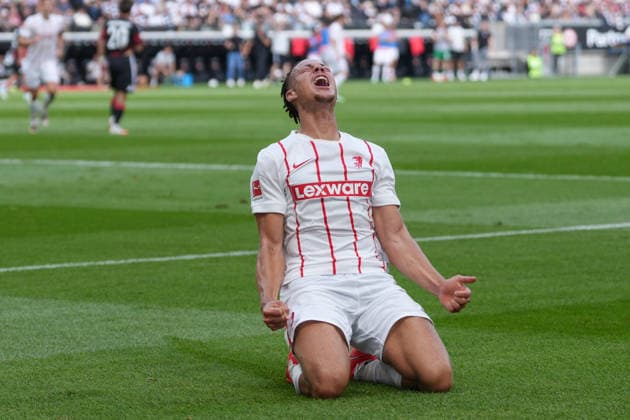 Derry Scherhant, SC Freiburg, 07 Goal celebration, Emotions, Shot on goal, Finish, Goal scored, Goal, Goal, Germany, Soccer, Bundesliga 1, Matchday 4, 2026–2027, Eintracht Frankfurt vs. SC Freiburg, September 19, 2026, Deutsche Bank Park, Frankfurt, Frankfurt, Deutsche Bank Park, Hesse, Germany Copyright: xArnexAmbergx