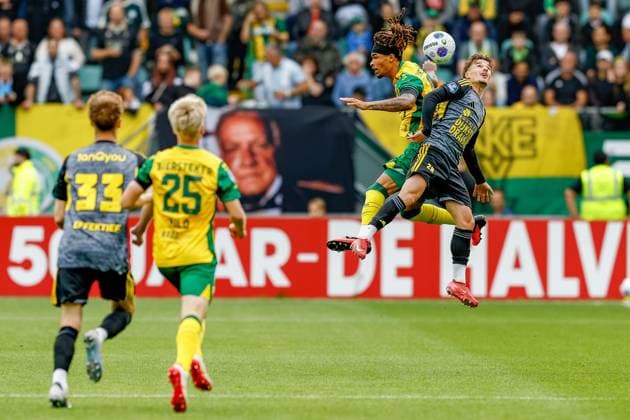 DEN HAAG , 19-09-2026 , WerkTalent Stadium , season 2026 2027 , Dutch Eredivisie football , match between ADO Den Haag and Cambuur , picture shows ADO Den Haag player Jonas Jensen-Abbew vs SC Cambuur player Morgan Costarelli ADO - Cambuur  x207260326x Copyright: