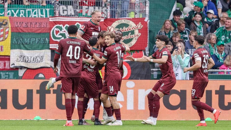 FC Augsburg players celebrating a goal, cheering, jubilant, optimistic, game action, highlight, joy over the goal that made it 0–2, DFL REGULATIONS PROHIBIT ANY USE OF PHOTOGRAPHS AS STILL IMAGES AND OR VIDEO-LIKE PHOTO SEQUENCES DFL REGULATIONS PROHIBIT ANY USE OF PHOTOGRAPHS AS IMAGE SEQUENCES AND OR VIDEO-LIKE PHOTO STREAMS, September 19, 2026, Bremen, Germany, soccer, Bundesliga, SV Werder Bremen vs. FC Augsburg xobx