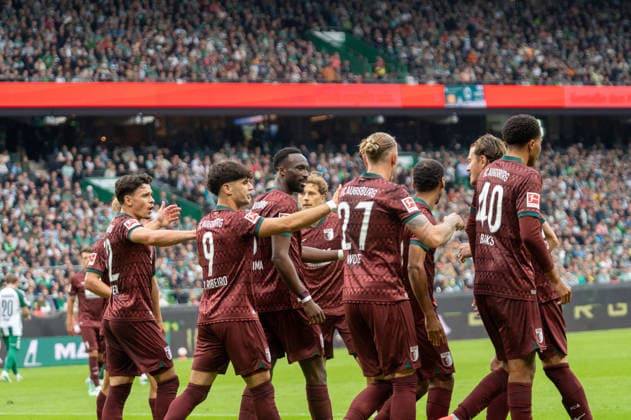 German Soccer 1st Bundesliga, Matchday 4, 2026–2027, Werder Bremen vs. FC Augsburg on September 19, 2026, at the Weserstadion in Bremen; goal making it 0–2 by Calvin Brackelmann of FC Augsburg; 2: celebration, joy, goal celebration, emotions Copyright: xSvenxHeidmannx