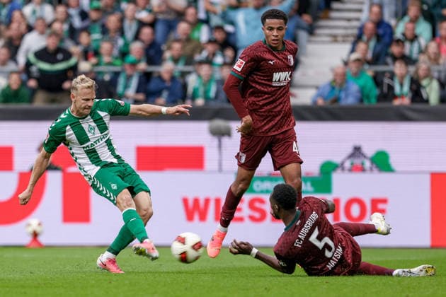 v li Goal scorer Marco Grüll, SV Werder Bremen, 17, scores the goal to make it 1–2; goal, highlight, goal scored; Chrislain Matsima, FC Augsburg, 5, DFL GUIDELINES PROHIBIT ANY USE OF PHOTOGRAPHS AS STILL IMAGES AND OR VIDEO-LIKE PHOTO SEQUENCES DFL REGULATIONS PROHIBIT ANY USE OF PHOTOGRAPHS AS IMAGE SEQUENCES AND OR QUASI-VIDEO, September 19, 2026, Bremen, Germany, Soccer, Bundesliga, SV Werder Bremen vs. FC Augsburg xobx