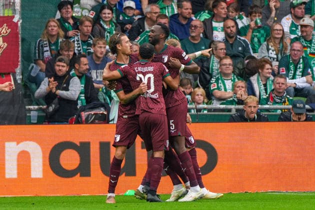 Calvin Brackelmann, FC Augsburg, scores the second goal to make it 0–2 for FC Augsburg; goal celebration, joy, emotions, German soccer, Bundesliga, 2026–27 season, Matchday 4, September 19, 2026, Werder Bremen vs. FC Augsburg, Weserstadion, Bremen Copyright: xLeonxFrickx