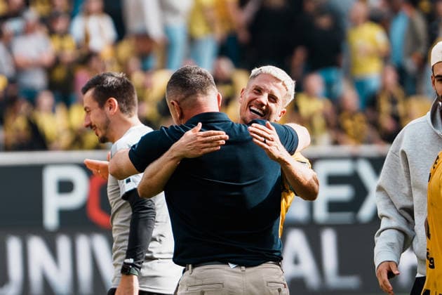 Germany Soccer 3rd Division 2026–2027, Matchday 7: Alemannia Aachen vs. Fortuna Düsseldorf at Tivoli Aachen—Victory, Cheering, Celebrations, Fans, Win, Emotions—Mersad Selimbegovic, Coach of Alemannia Aachen, and Lukas Scepanik of Alemannia Aachen, 7th goal scorer, game-winning goal Copyright: xThiemoxRudolphx