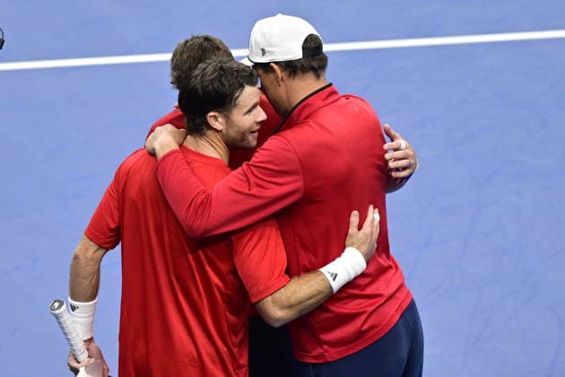2026 Davis Cup men s team tennis World Championship, WM, Weltmeisterschaft match between the Czech Republic and the United States in Prague, Czech Republic, on September 19, 2026. Tennis doubles match Adam Pavlasek and Patrik Rikl of Czech Republic vs. Christian Harrison, Austin Krajicek of USA. Tennis players of USA celebrate victory. (CTKxPhoto RomanxVondrous) CTKPhotoP2026091904313  CTKPhotoP2026091904313