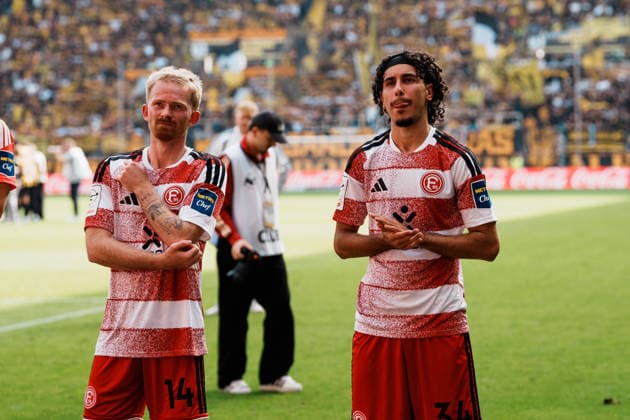 Germany Soccer 3rd Division 2026–2027, Matchday 7: Alemannia Aachen vs. Fortuna Düsseldorf at Tivoli Aachen; Away fans, disappointment, frustration, defeat; Jomaine Consbruch (Fortuna Düsseldorf), 14; Anas Slimani (Fortuna Düsseldorf), 34 Copyright: xThiemoxRudolphx