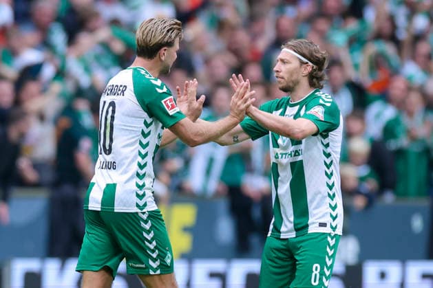 Mitchell Weiser of Werder Bremen celebrates his goal to make it 3–2 with Niclas Füllkrug of Werder Bremen during the Bundesliga match between SV Werder Bremen and FC Augsburg at Weserstadion on September 19, 2026, in Bremen, Germany. Photo by Marco Steinbrenner, DeFodi Images. Mitchell Weiser of Werder Bremen celebrates after scoring his team’s third goal with Niclas Füllkrug of Werder Bremen during the Bundesliga match between SV Werder Bremen and FC Augsburg at Weserstadion on September 19, 2026 in Bremen, Germany. Photo by Marco Steinbrenner, DeFodi Images. DFB and DFL regulations prohibit any use of photographs as image sequences and or quasi-video. Photo by Marco Steinbrenner, DeFodi Images.