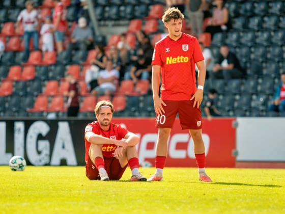 Disappointment and frustration for Jakob Seibold of SSV Jahn Regensburg after the game; 40 seconds after the final whistle; disappointed; final whistle; end of the game; defeat; crisis; emotion; gestures; GER; soccer; VfB Stuttgart II vs. SSV Jahn Regensburg, 3. Liga, Matchday 7, 2026–2027 season, September 19, 2026, GER, Soccer, VfB Stuttgart II vs. SSV Jahn Regensburg, 3rd Division, Matchday 7, 2026–2027 season, September 19, 2026, Aspach Copyright: xCarstenxSchweringx EP_CSG