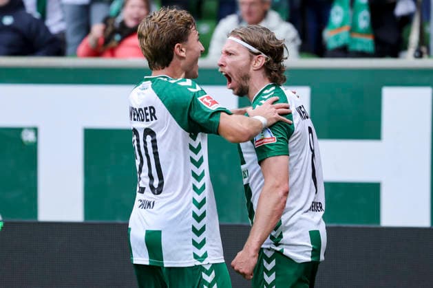 Mitchell Weiser of Werder Bremen celebrates his goal to make it 3–2 with Ivan San Jose Cantalejo Chuki of Werder Bremen during the Bundesliga match between SV Werder Bremen and FC Augsburg at Weserstadion on September 19, 2026, in Bremen, Germany. Photo by Marco Steinbrenner, DeFodi Images. Mitchell Weiser of Werder Bremen celebrates after scoring his team’s third goal with Ivan San Jose Cantalejo Chuki of Werder Bremen during the Bundesliga match between SV Werder Bremen and FC Augsburg at Weserstadion on September 19, 2026 in Bremen, Germany. Photo by Marco Steinbrenner, DeFodi Images. DFB and DFL regulations prohibit any use of photographs as image sequences and or quasi-video. Photo by Marco Steinbrenner, DeFodi Images.