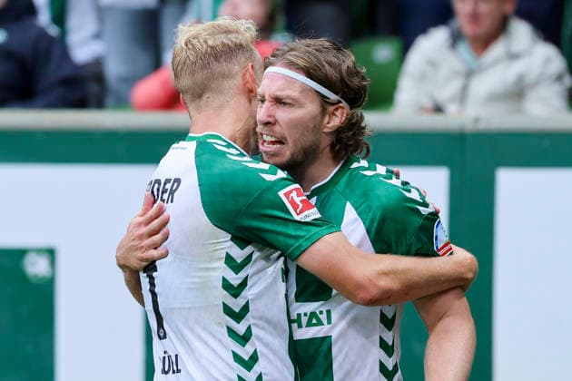Mitchell Weiser of Werder Bremen celebrates his goal, making the score 3–2, with Marco Gruell of Werder Bremen during the Bundesliga match between SV Werder Bremen and FC Augsburg at Weserstadion on September 19, 2026, in Bremen, Germany. Photo by Marco Steinbrenner, DeFodi Images. Mitchell Weiser of Werder Bremen celebrates after scoring his team’s third goal with Marco Gruell of Werder Bremen during the Bundesliga match between SV Werder Bremen and FC Augsburg at Weserstadion on September 19, 2026 in Bremen, Germany. Photo by Marco Steinbrenner, DeFodi Images. DFB and DFL regulations prohibit any use of photographs as image sequences and or quasi-video. Photo by Marco Steinbrenner, DeFodi Images.