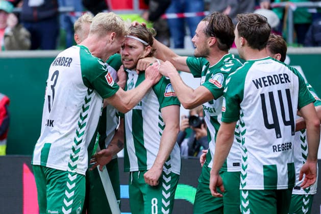 Mitchell Weiser of Werder Bremen celebrates his goal with his teammates during the Bundesliga match between SV Werder Bremen and FC Augsburg at Weserstadion on September 19, 2026, in Bremen, Germany. Photo by Marco Steinbrenner, DeFodi Images. Mitchell Weiser of Werder Bremen celebrates his goal with teammates during the Bundesliga match between SV Werder Bremen and FC Augsburg at Weserstadion on September 19, 2026 in Bremen, Germany. Photo by Marco Steinbrenner, DeFodi Images. DFB and DFL regulations prohibit any use of photographs as image sequences and or quasi-video. Photo by Marco Steinbrenner, DeFodi Images.