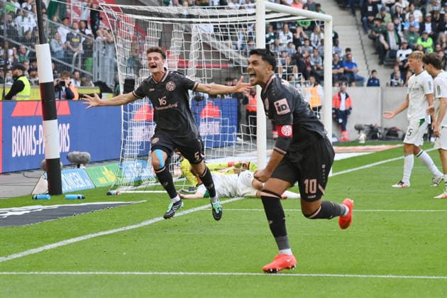 Celebration 2 3 Eric Martel Mainz 05, on the right Nadiem Amiri Mainz 05 September 19, 2026, Soccer 1 Bundesliga, 2026–2027 season, Matchday 4, Borussia Mönchengladbach vs. FSV Mainz 05. DFL regulations prohibit any use of photographs as image sequences and or quasi-video. Mönchengladbach, Borussia Park, North Rhine-Westphalia, Germany Team2