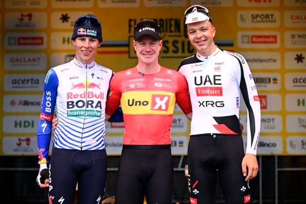 Flandrien 0.0 classic 2026 Cycling Race HAACHT, BELGIUM - SEPTEMBER 19 : Pithie Laurence (NZL) of Red Bull BORA Hansgrohe, Vermeersch Florian (BEL) of UAE Team Emirates XRG and Pedersen Henrik (DEN) of Uno-X Mobility on the podium during the 28th edition of Flandrien 0.0 classic an UCI ProSeries 1.Pro one day cycling road race for Men Elite of 199.4 km with start in Brakel and finish in Haacht on September 19, 2026 in Haacht, Belgium, 19 09 2026 ( Motordriver Stephan Boone - Haacht Belgium  Copyright: xTomasxSiskx