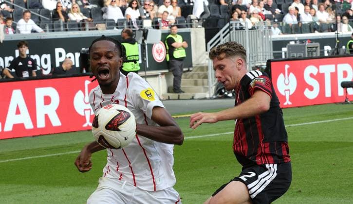 September 19, 2026 xmgoodx Frankfurt am Main, Deutsche Bank Park Bundesliga Season 2026–2027 Eintracht Frankfurt vs. SC Freiburg Elias Baum 2, Eintracht Frankfurt vs. Jordy Makengo, Freiburg; DFL; DFB; REGULATIONS PROHIBIT ANY USE OF PHOTOGRAPHS AS IMAGE SEQUENCES AND OR QUASI-VIDEO
