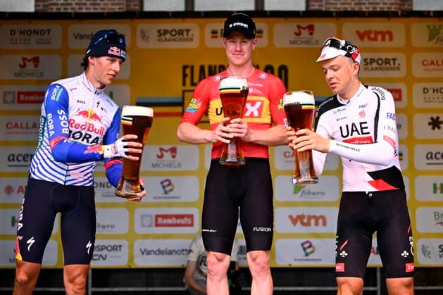 Flandrien 0.0 classic 2026 Cycling Race HAACHT, BELGIUM - SEPTEMBER 19 : Pithie Laurence (NZL) of Red Bull BORA Hansgrohe, Vermeersch Florian (BEL) of UAE Team Emirates XRG and Pedersen Henrik (DEN) of Uno-X Mobility on the podium during the 28th edition of Flandrien 0.0 classic an UCI ProSeries 1.Pro one day cycling road race for Men Elite of 199.4 km with start in Brakel and finish in Haacht on September 19, 2026 in Haacht, Belgium, 19 09 2026 ( Motordriver Stephan Boone - Haacht Belgium  Copyright: xTomasxSiskx