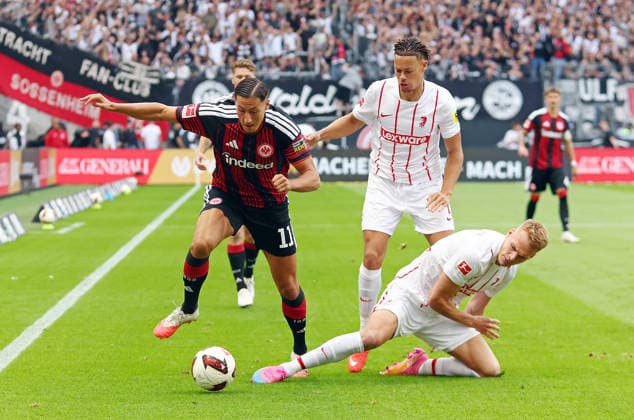 September 19, 2026, xovx, Soccer, Bundesliga, Eintracht Frankfurt vs. SC Freiburg, Younes Ebnoutalib (Eintracht Frankfurt), Derry Scherhant (SC Freiburg), Philipp Lienhart, SC Freiburg; DFL, DFB regulations prohibit any use of photographs as image sequences and or quasi-video by Eintracht Frankfurt