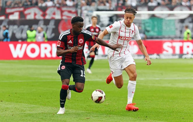 September 19, 2026, xovx, Soccer, Bundesliga, Eintracht Frankfurt vs. SC Freiburg, Noel Aseko (Eintracht Frankfurt), Derry Scherhant (SC Freiburg). DFL and DFB regulations prohibit any use of photographs as image sequences and or quasi-video. Eintracht Frankfurt