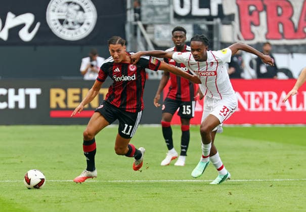 September 19, 2026, xovx, Soccer, Bundesliga, Eintracht Frankfurt vs. SC Freiburg, Younes Ebnoutalib (Eintracht Frankfurt), Jordy Makengo (SC Freiburg), DFL, DFB. REGULATIONS PROHIBIT ANY USE OF PHOTOGRAPHS AS IMAGE SEQUENCES AND OR QUASI-VIDEO. Eintracht Frankfurt