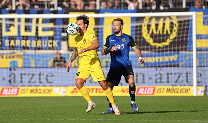 September 19, 2026, Soccer, Men s, 3rd Division, 2026–2027 Season, 1 FC Saarbrücken vs. SG Sonnenhof Großaspach, Niklas Pollex (SG Sonnenhof Großaspach) and Niko Bretschneider (1 FC Saarbrücken), Ludwigsparkstadion, Saarbrücken, Saarland, Germany Copyright: xFabianxKleerx
