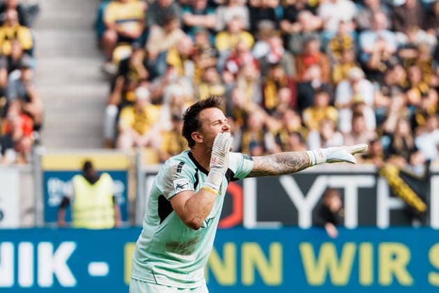German Soccer 3rd Division 2026–2027, Matchday 7: Alemannia Aachen vs. Fortuna Düsseldorf, Tivoli Aachen; Manuel Riemann, Alemannia Aachen; 1 person shouting; shouting; giving instructions; emotions; expressing; gestures; facial expressions; portrait Copyright: xThiemoxRudolphx